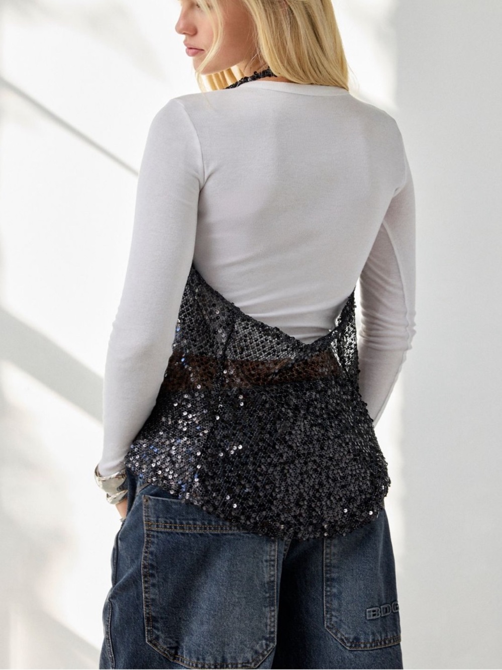 🟤NWT MOTEL at URBAN OUTFITTERS Runway Sheer Sequin Halter Neck Vest Top in Black